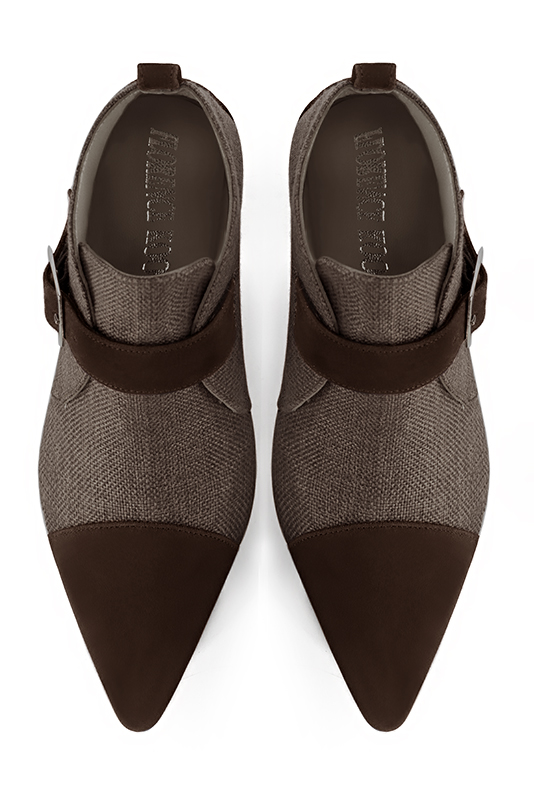 Dark brown women's ankle boots with buckles at the front. Tapered toe. High block heels. Top view - Florence KOOIJMAN